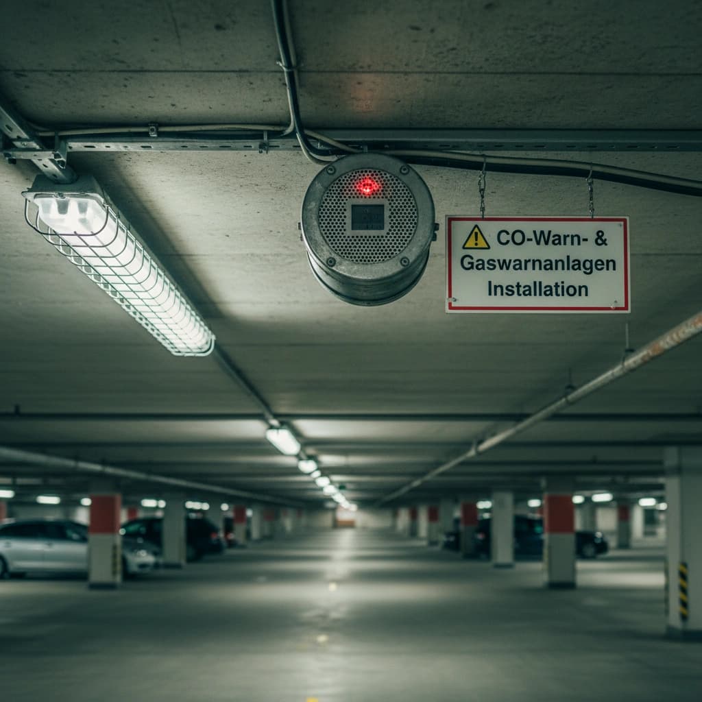 CO-Warnanlage mit Anzeige und Warnschild für Gaswarnanlagen-Installation in einer Tiefgarage.
