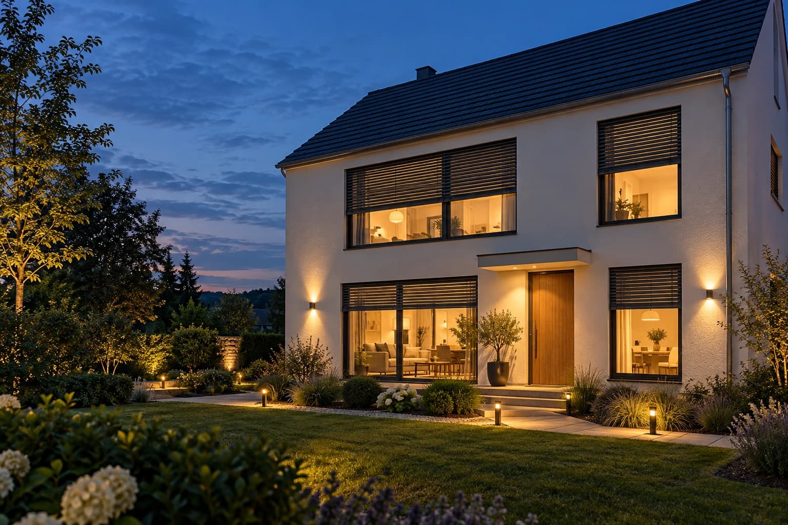 Visualisierung eines Hauses mit abgestimmter Beleuchtung und Beschattung zur Veranschaulichung von KNX-Gebäudeautomation