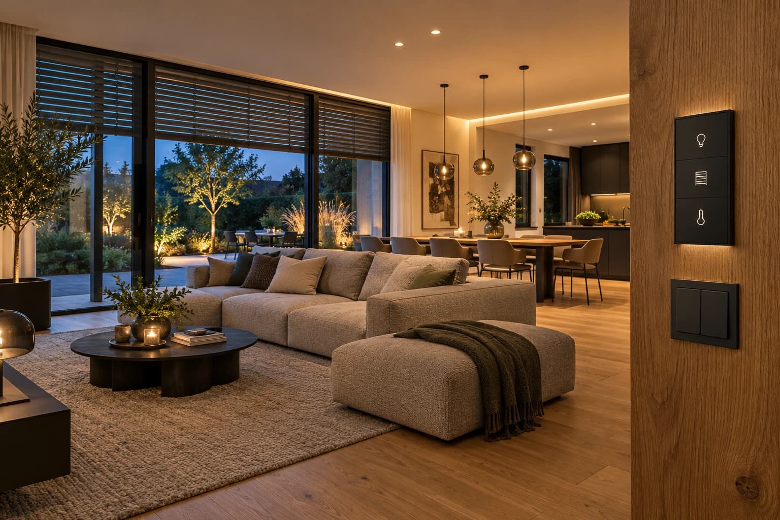 Visualisierung eines Smart Homes: Wohnbereich mit Wandsteuerung, Beschattung und indirekter Beleuchtung.